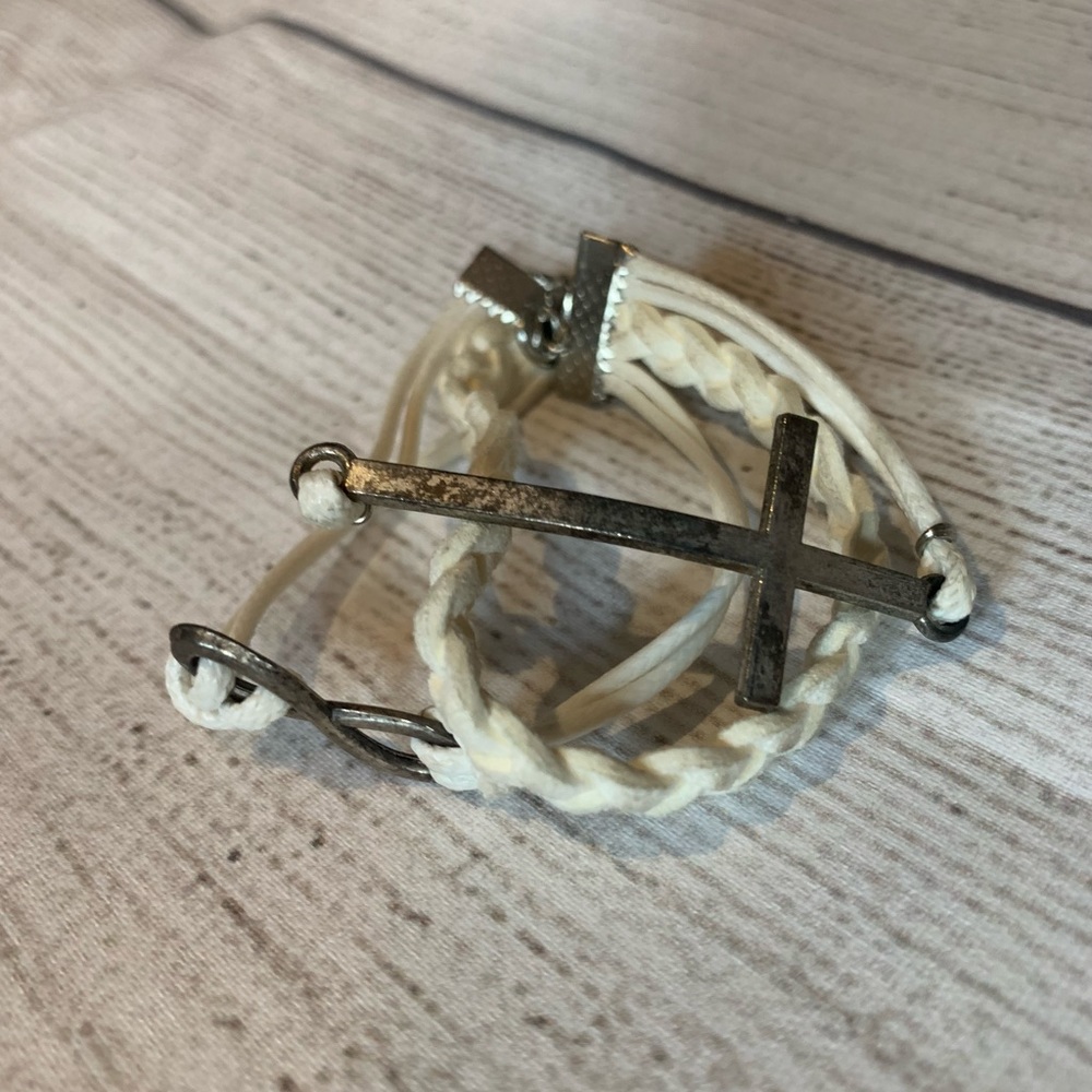 Silver Cross Bracelet with White Leather Band